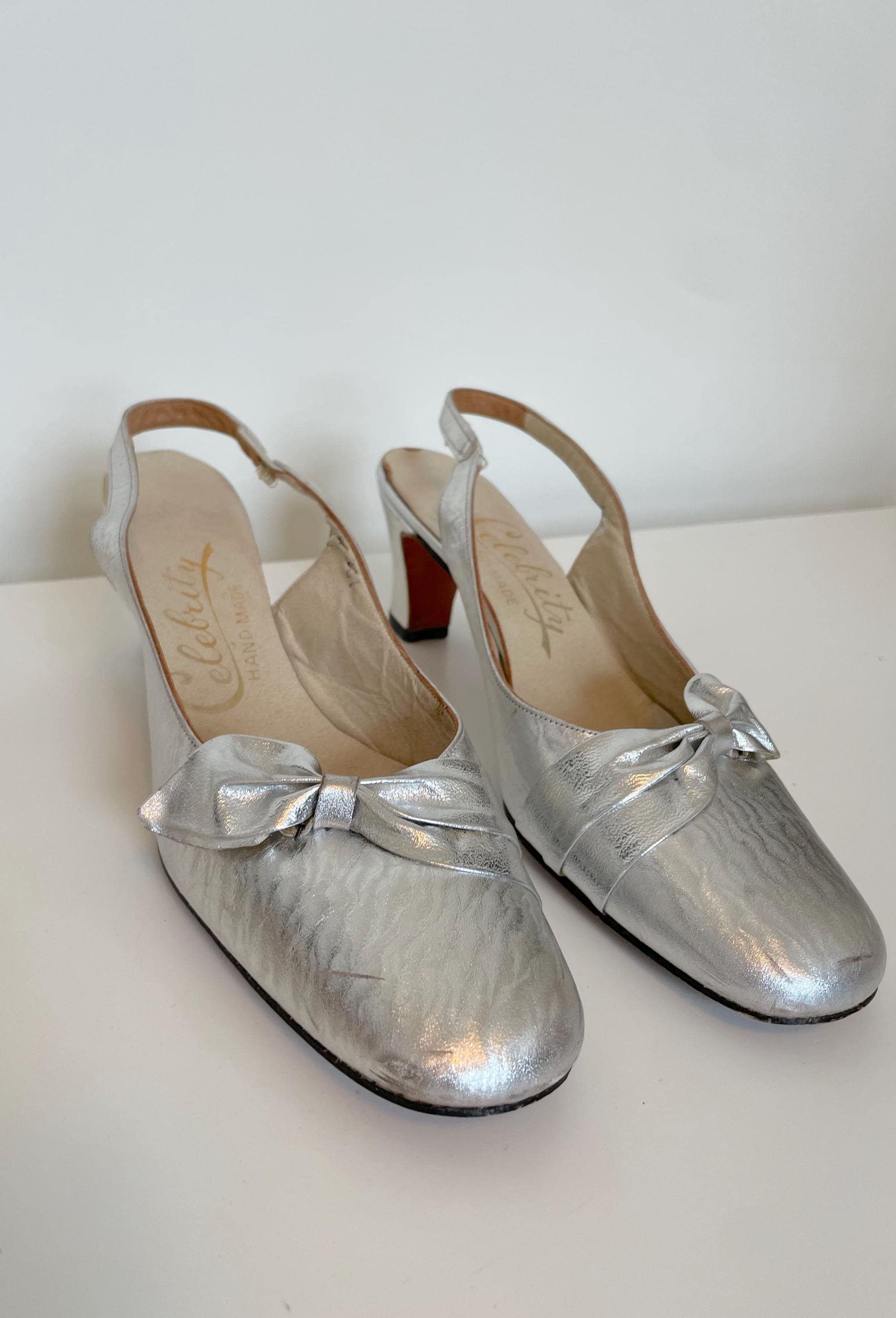 True Vintage 60's Silver Metallic Low Heel Slingbacks Size 6