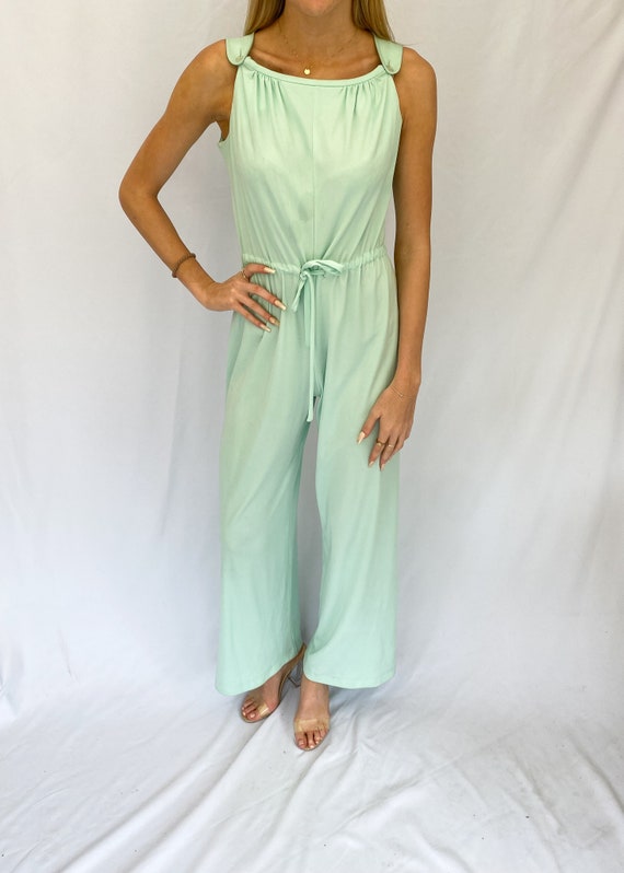 Vintage 70's Mint Green Sleeveless Flared Jumpsuit - image 2