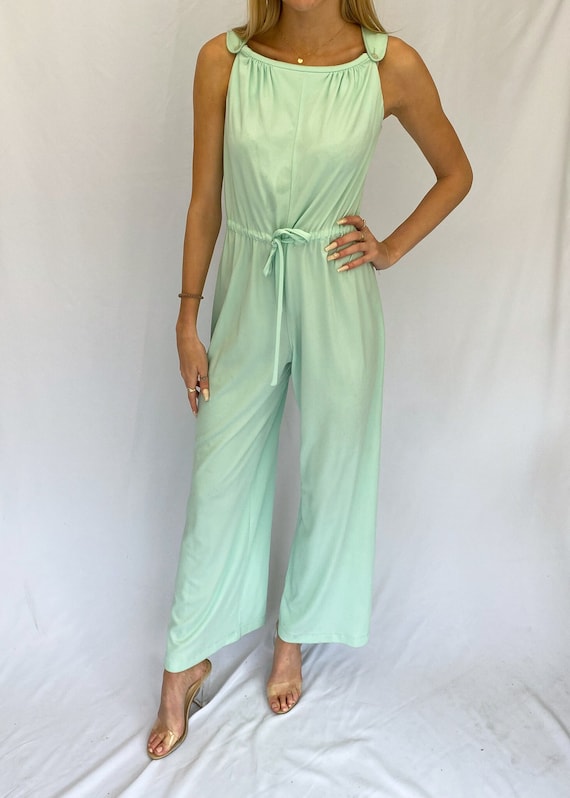 Vintage 70's Mint Green Sleeveless Flared Jumpsuit - image 1