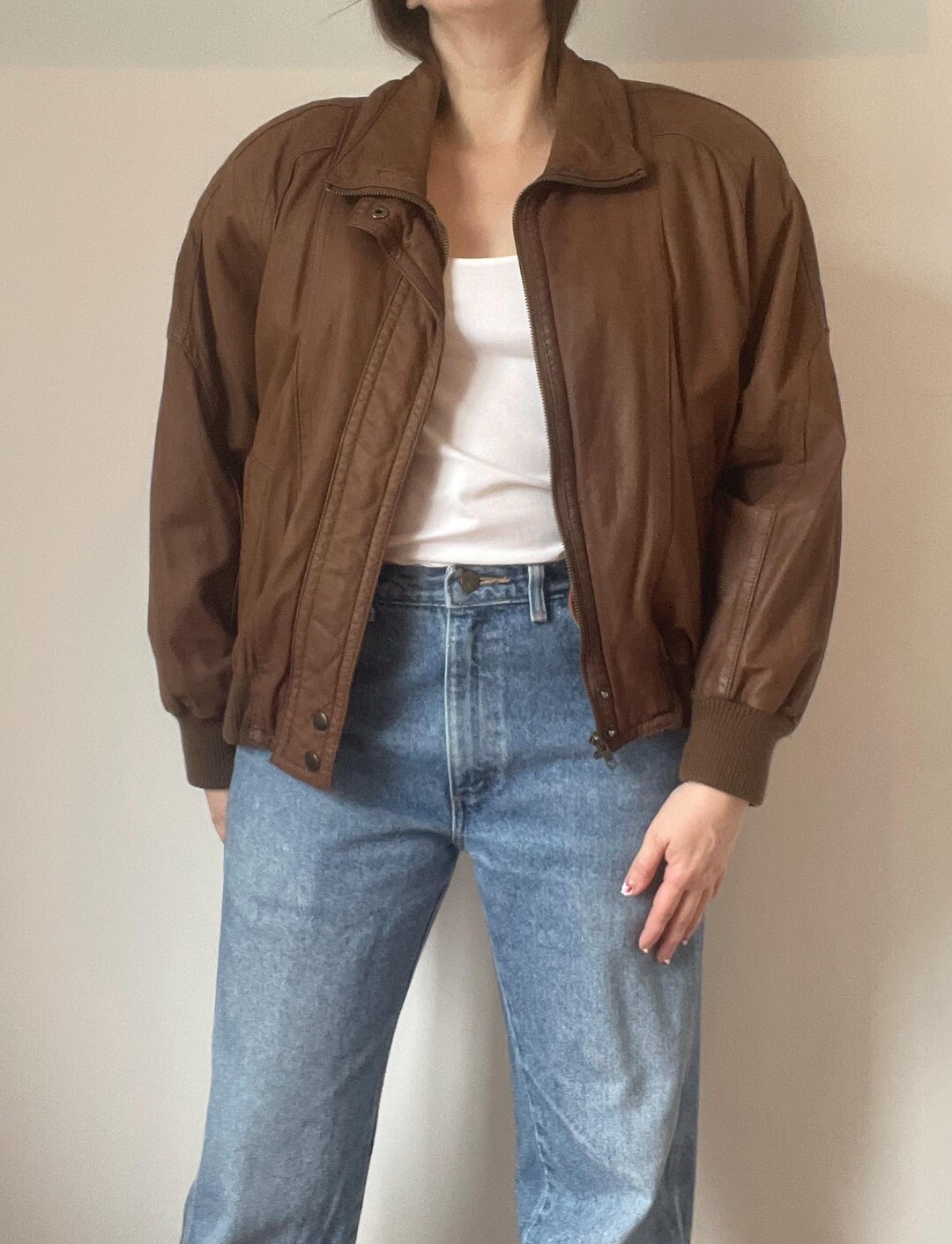 True Vintage 80's Brown Leather Bomber Jacket - Etsy