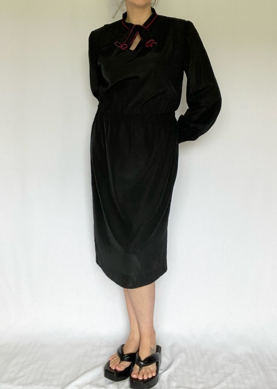 Vintage 70's Black Long Sleeve Dress with Pussy B… - image 4