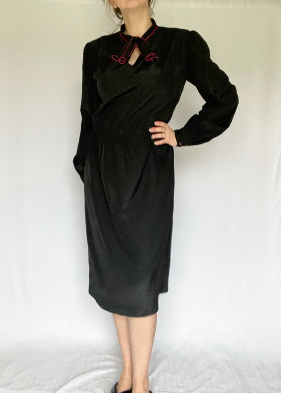 Vintage 70's Black Long Sleeve Dress with Pussy B… - image 2