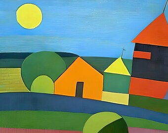 Oil painting on canvas. Colorful houses on the background of the sun. Generated by AI