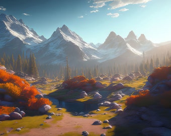 mountains and setting sun. beautiful panoramic landscape with amazing lighting. Generative AI