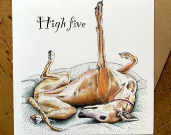 Greyhound giving a high five card, high five card, lurcher card, sighthound card, whippet card, roaching greyhound, roaching lurcher