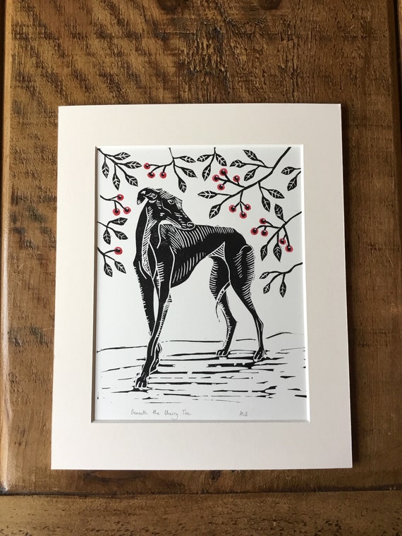 Beneath the Cherry Tree,  Greyhound linocut linoprint, greyhound art, greyhound print, lurcher print, Greyhound gifts