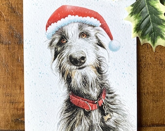 Deerhound Christmas card, Lurcher Christmas card, Wolfhound Christmas card, scruffy Lurcher card, scruffy santa, scruffy dog card