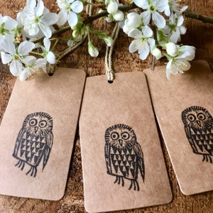 May include: Three brown paper tags, each with a black owl print and a string. White blossom and a branch are in the background. These tags are likely for gifts or labelling.