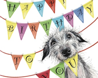 Bedlington whippet birthday card, Lurcher birthday card, Beddit whippet card, scruffy lurcher card