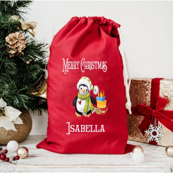Personalised Santa PENGUIN Christmas Sack | Ideal Gift |  Christmas Toy Sack |  Gift Bag | Xmas | For Him | For Her