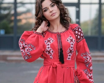 Orange Linen Embroidered Ukrainian Vyshyvanka Caftan Dress - Boho Style