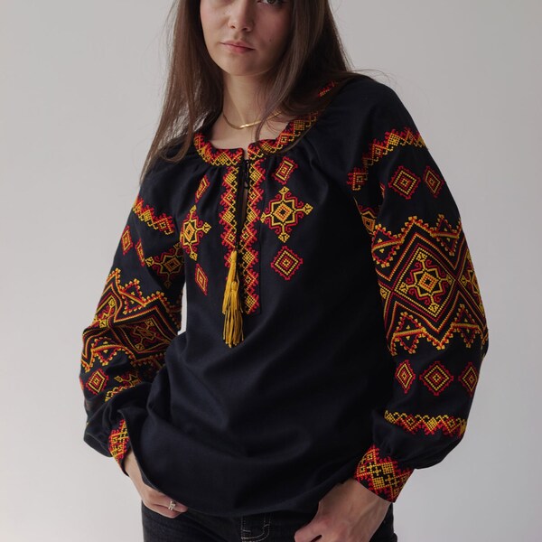 2024 Black Ukrainian vyshyvanka blouse with Red and Yellow Embroidery bohemian ethnic shirt boho chic peasant Gift for Her Easter