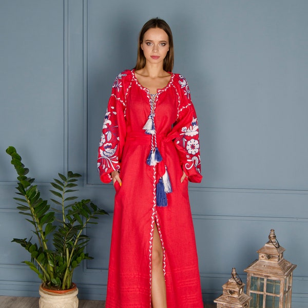 Leinenkleid, rotes Kleid, besticktes ukrainisches Vyshyvanka-Damenkleid, Geschenk für Sie, Geschenk für Mädchen, Frau, Geschenk für Frauen, Geschenk zu Weihnachten