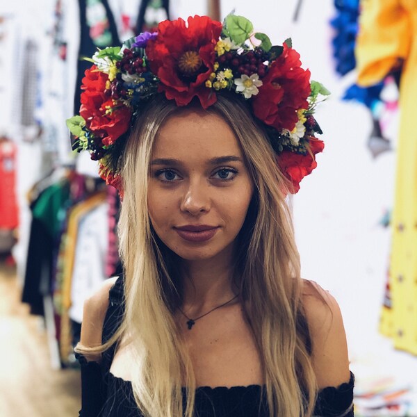 Floral headdress with the colored ribbons Colorful flower crown with ribbons, Red Romantic wedding Flower halo Bridal floral