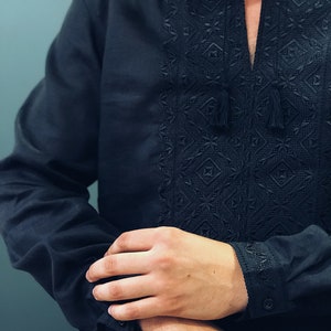 Ukrainian linen shirt for men black on black. Men's embroidered shirt. Ukrainian vyshyvanka. Traditional Ukrainian shirt linen shirt