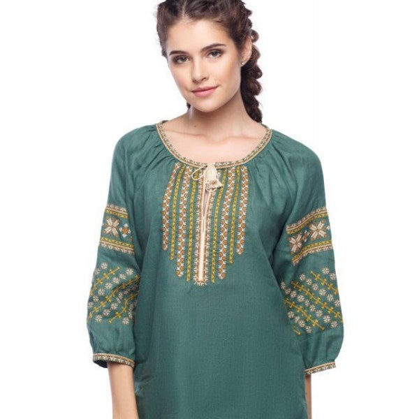 2024 Green Ukrainian vyshyvanka linen blouse. embroidered shirt, Star of Alatyr boho, ethnic chic peasant top, Gift for Her Christmas