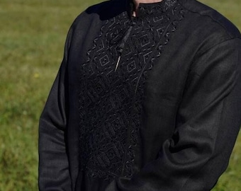 Camisa ucraniana de lino bordada negra, Vyshyvanka para hombre