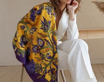 Bohemian Silk Shawl: Hand-Painted Artichoke Design