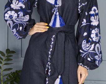 Blue Embroidered Linen Vyshyvanka Dress, Ukrainian Folk Costume