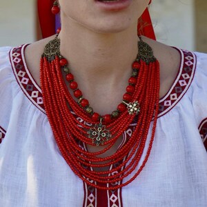 Red Ukrainian Traditional necklace Jewelry Ethnic ceramics Multirow Necklace of antique fireplace beads with contempt Gift for Her Christmas