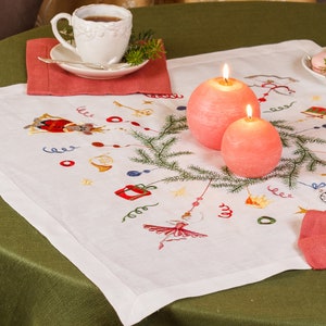 Può includere: Tovaglia bianca ricamata con un tema natalizio con un  cavatappi, una ballerina e un albero di Natale con decorazioni. Due candele rosa sono sul tavolo.