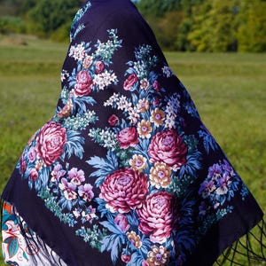 Wool 80% Dark Blue Bohemian shawl Gift for EasterUkrainian Shawl Word of Love,Traditional scarf Large Ethnic shawl châle ukrainien