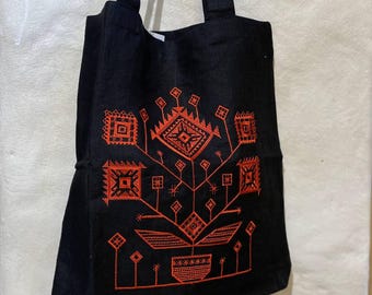Embroidered Ukrainian Tote Bag, Black Cotton Shoulder Bag