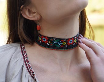 Black Seed Bead Choker, Ukrainian Gerdan Necklace, Handmade Vyshyvanka