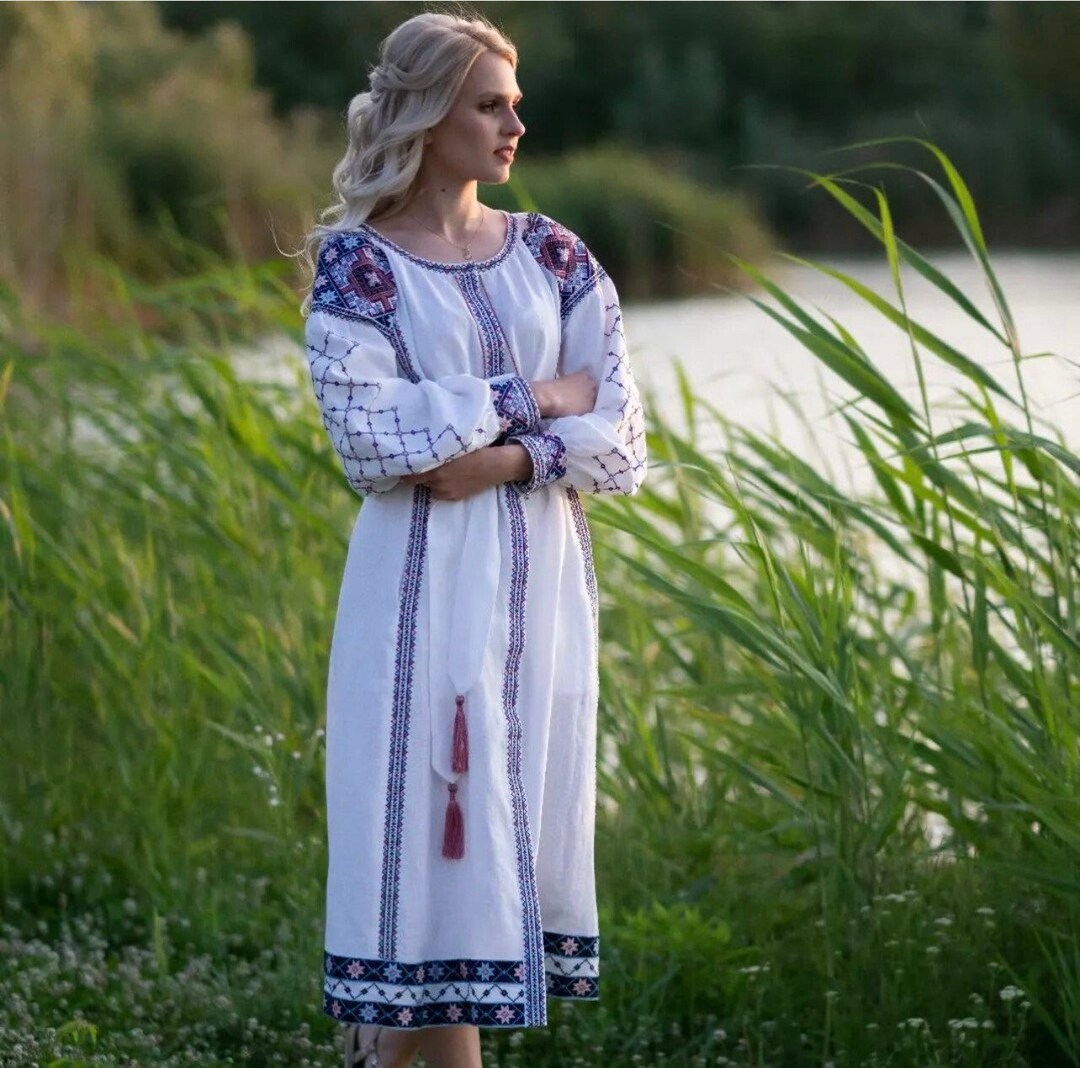 2023 New White Linen Embroidered Dress With Embroidery Ukrainian Vyshyvanka Dress Ethnic Caftan