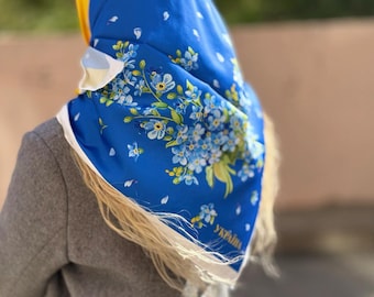 Ukrainian Silk Scarf: Blue & Yellow Floral Shawl, 90cm