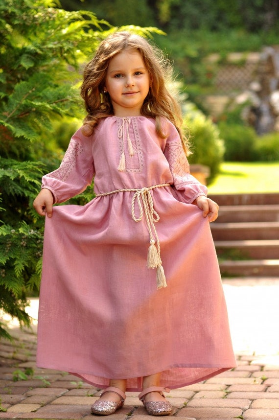 2024 Robe en lin rose pour fille avec broderie Robe brod e Robe