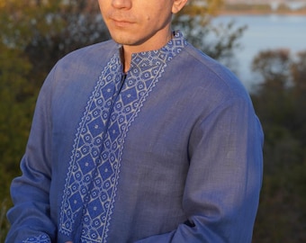 Blue Linen Embroidered Ukrainian Vyshyvanka Shirt