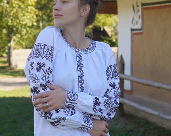 White Linen Ukrainian Vyshyvanka Blouse, Embroidered Folk Shirt
