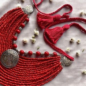 SET Folk Necklace + Earrings Red Ukrainian Traditional Coral Jewellery Ethnic Necklace Beads Ukrainian Folk Costume Folklore Art Gift Idea