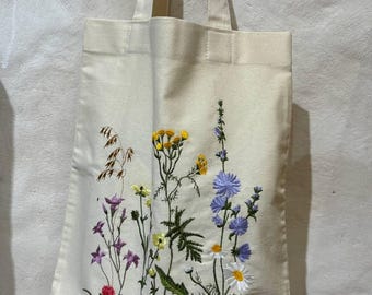 Geborduurde linnen draagtas: botanisch bloemdessin