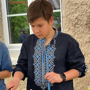 Blue Shirt Ukrainian Vyshyvanka Embroidered Men&#39;s embroidered shirt, Modern men&#39;s embroidered shirt with geometric ornaments
