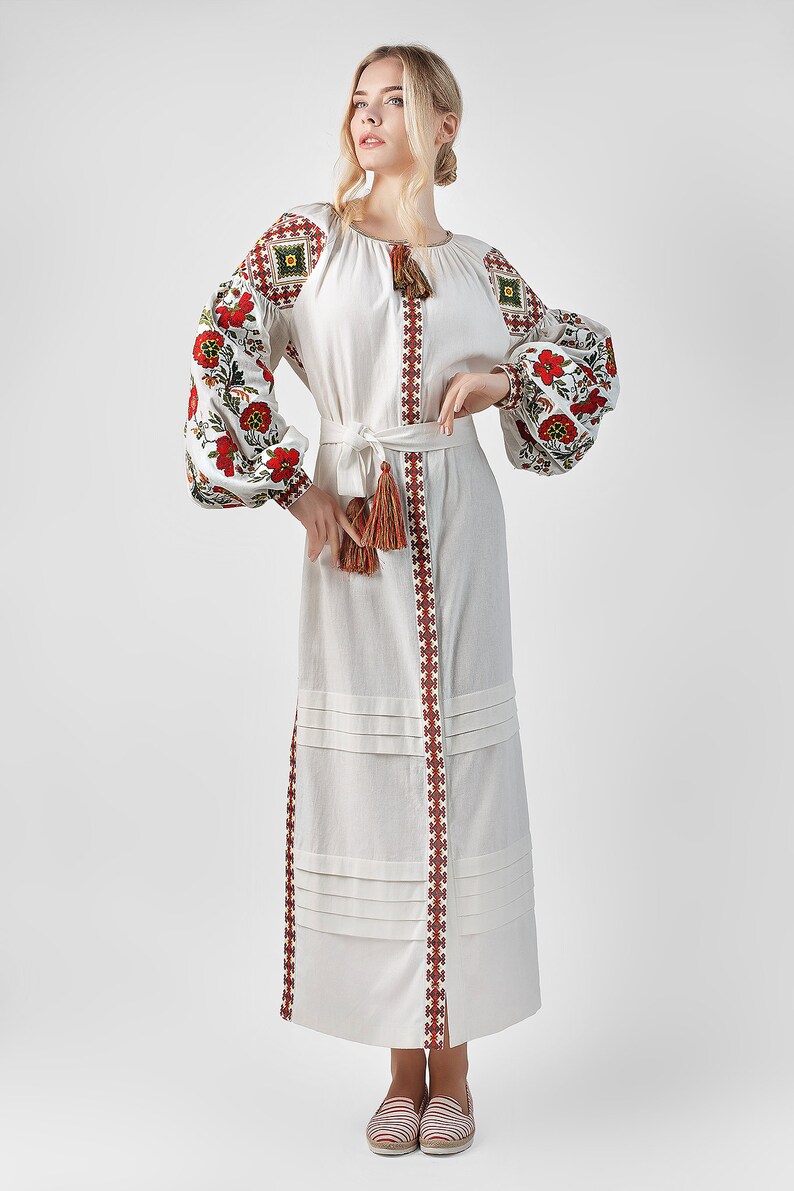 Linen Dress Ukrainian Vyshyvanka Embroidered White Dress Etsy