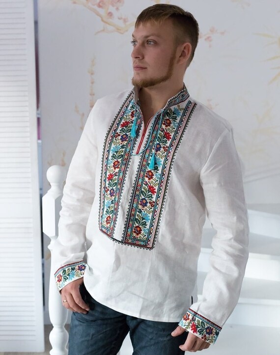 White Linen Shirt Ukrainian Vyshyvanka Men's embroidered | Etsy