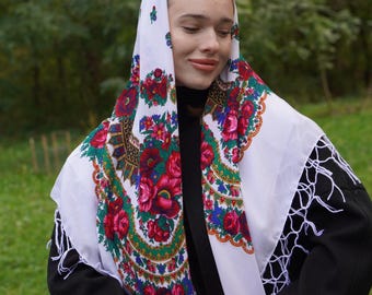 Ukrainian shawl, Halloween Traditional gifts for women, shawl bohemian scarf flower, Big Folk Scarf, Large Ukrainian, Ethnic, Christmas