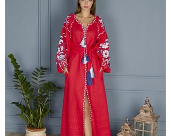 Red Linen Dress Embroidered Ukrainian Vyshyvanka Tree of Life