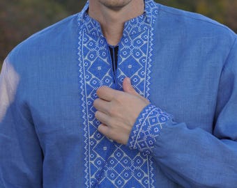 Blue Linen Embroidered Ukrainian Vyshyvanka Shirt