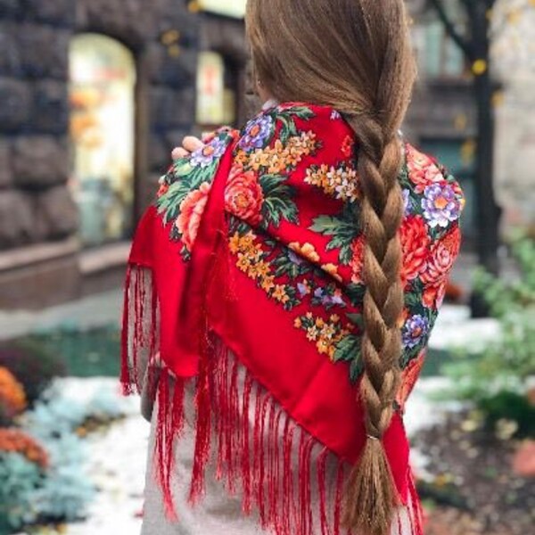 2023 Red Ukrainian shawl 80% Wool, Traditional Ukrainian Shawl Hustka Wool Floral Wrap Foulard Platok Babushka Gift For Her, wife, Mother