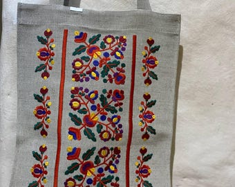Ukrainian Linen Tote Bag, Embroidered Floral Design, Boho Hippie Style