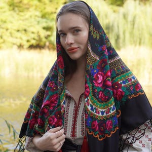 Black Shawl Bohemian shawl with roses, Gift for Mom, Ukrainian Word of Love, Traditional scarf Large Ethnic  châle ukrainien EasterGift