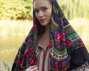 Black Shawl Bohemian shawl with roses, Gift for Mom, Ukrainian Word of Love, Traditional scarf Large Ethnic  châle ukrainien EasterGift