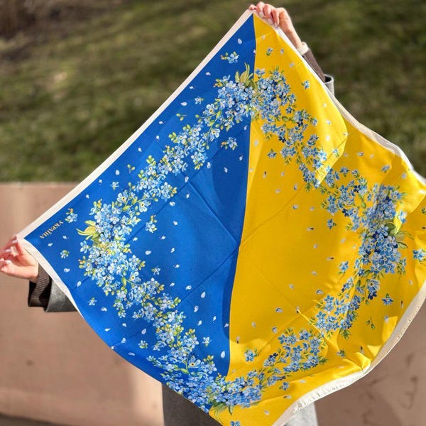 Oekraïense bloemensjaal, blauwe en gele boho-sjaal (90 x 90 cm)
