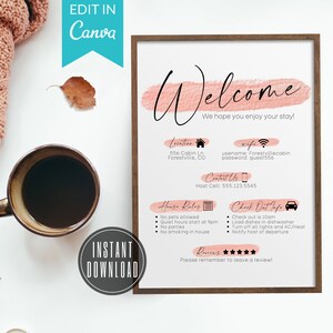 Szablon znaku powitalnego Airbnb do wydrukowania Przewodnik powitalny Airbnb Airbnb Instrukcja wymeldowania z wynajmu Airbnb, Zasady domu, Szablon znaku WIFI Airbnb