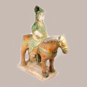 Genuine Ancient Statue Horse Rider Statue Medieval 16th Century Large Statue Ming Dynasty Chinese Glazed Ceramic Sancai Color Figurine 63282