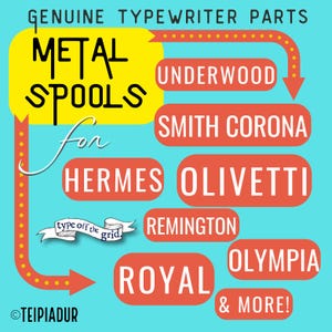 May include: A teal graphic with the text "GENUINE TYPEWRITER PARTS" and "METAL SPOOLS" in yellow. The text "for" is in cursive. Red ovals list typewriter brands: Underwood, Smith Corona, Hermes, Olivetti, Remington, Royal, and Olympia.