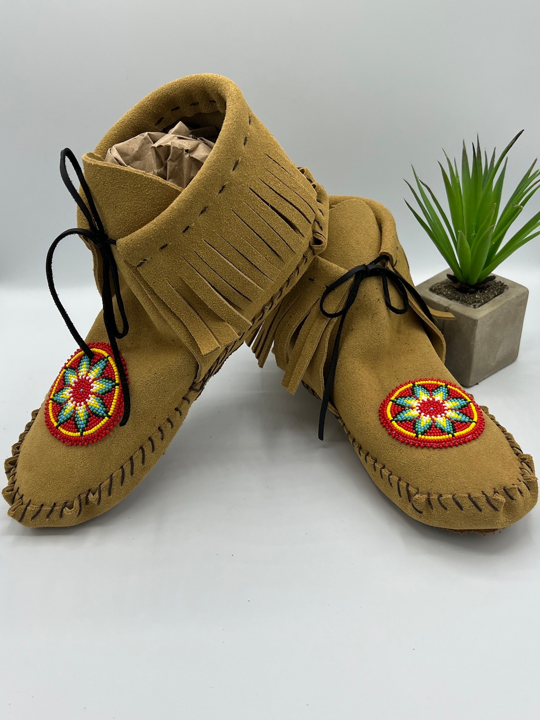 Native American Style Short Boot Moccasins With Fringe. Handmade With Beaded Rosette and Genuine